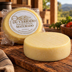 Queijo artesanal minas Du'Cerrado embalado ao lado de uma peça inteira sem embalagem, de casca amarela, sobre tábua com tomates e salsa ao fundo.
