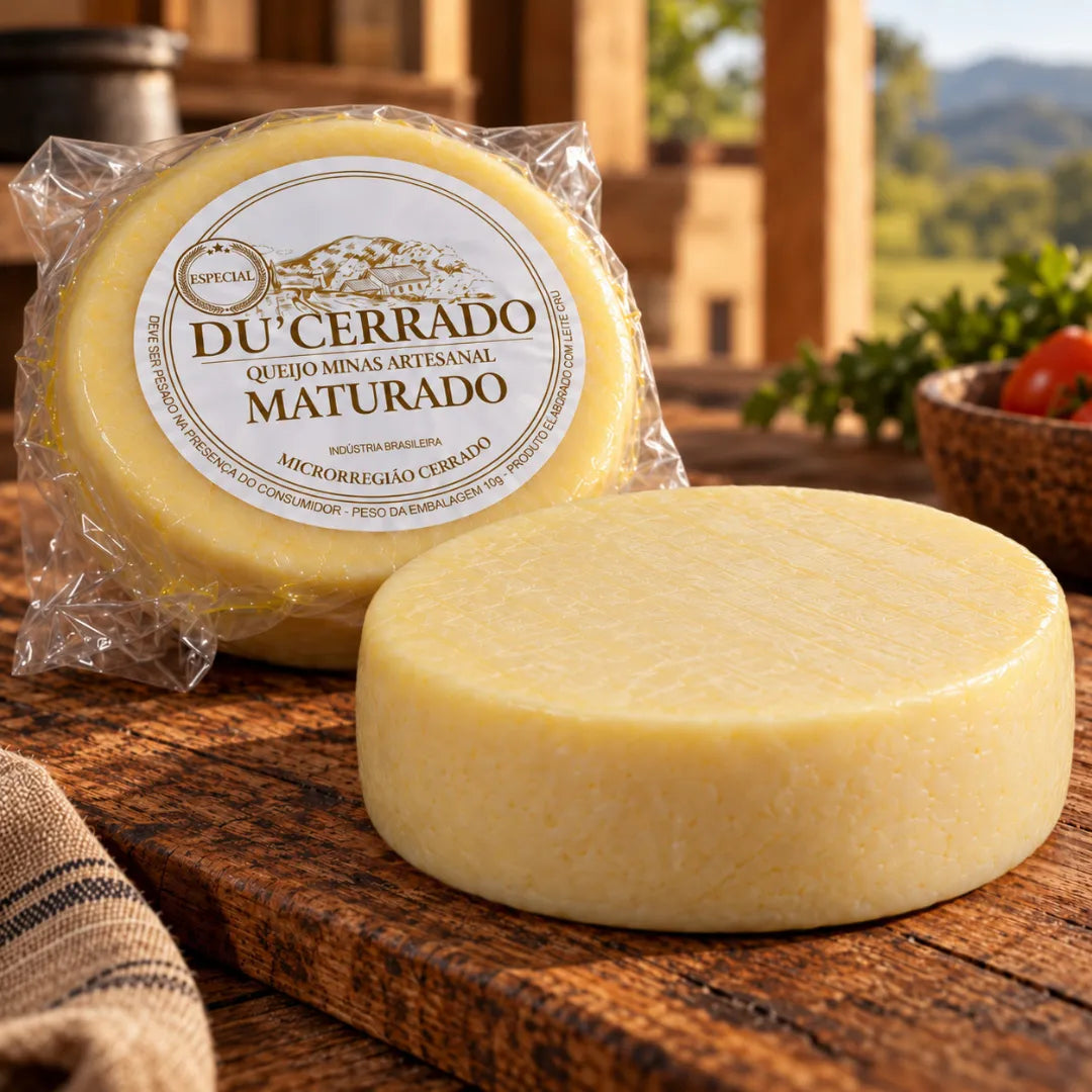 Queijo artesanal minas Du'Cerrado embalado ao lado de uma peça inteira sem embalagem, de casca amarela, sobre tábua com tomates e salsa ao fundo.