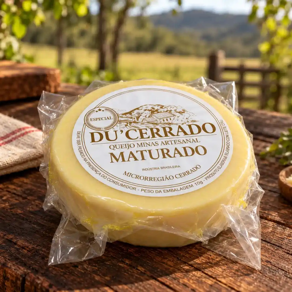 Queijo minas artesanal maturado Du'Cerrado embalado a vácuo, com rótulo redondo da Microrregião Cerrado, sobre mesa de madeira ao ar livre com pasto ao fundo.
