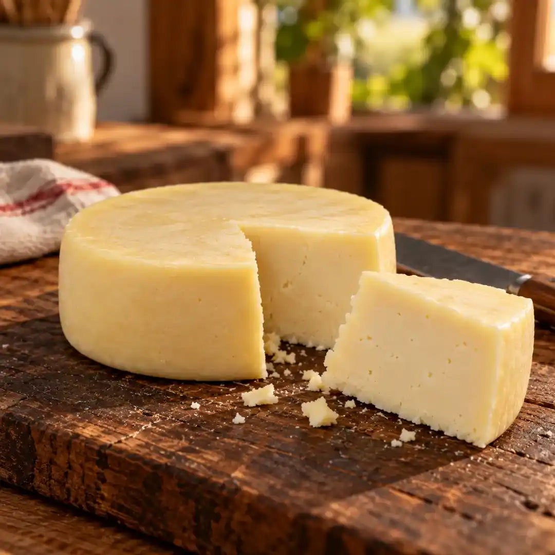 Queijo maturado com uma fatia em cunha retirada, mostrando a massa semidura e clara, sobre tábua de madeira com pano de prato listrado.