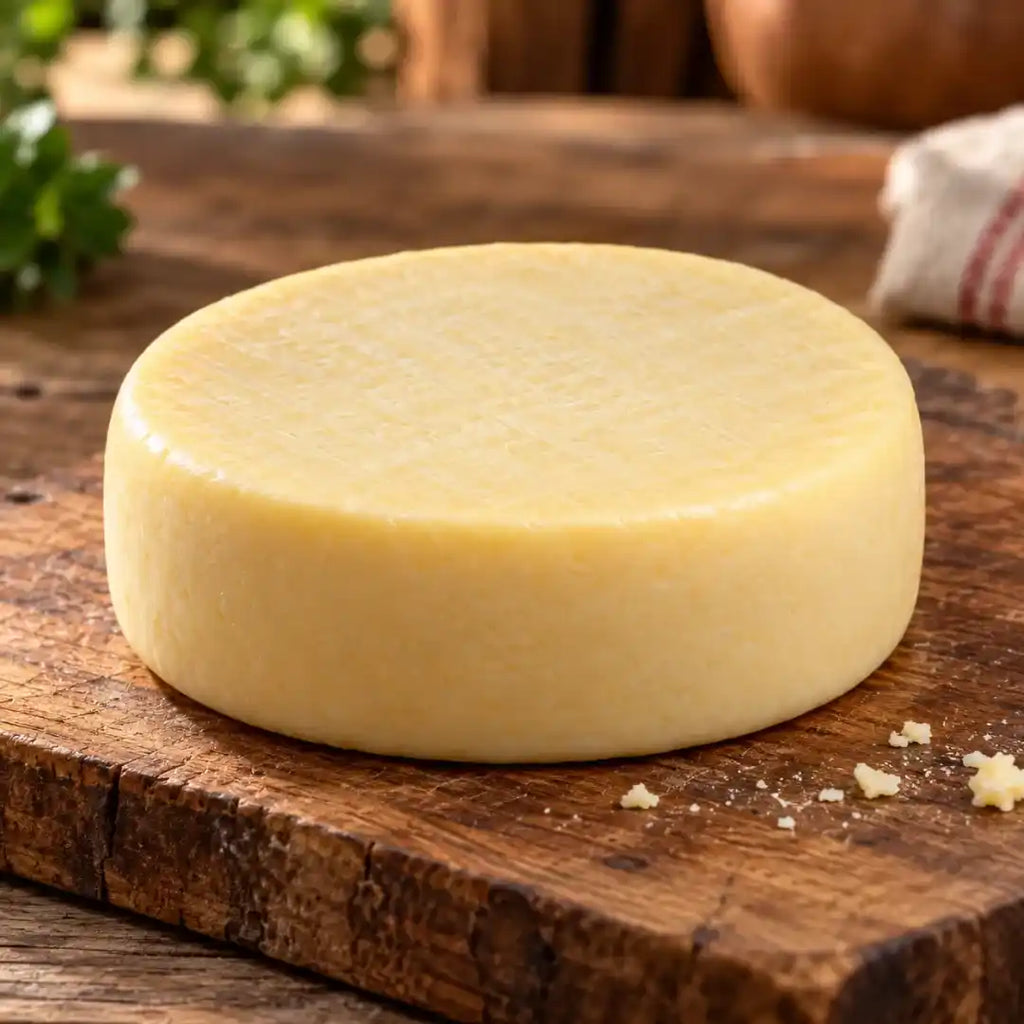 Peça inteira de queijo artesanal de leite cru, redonda e de casca amarela lisa, sobre tábua de madeira com farelos de queijo.