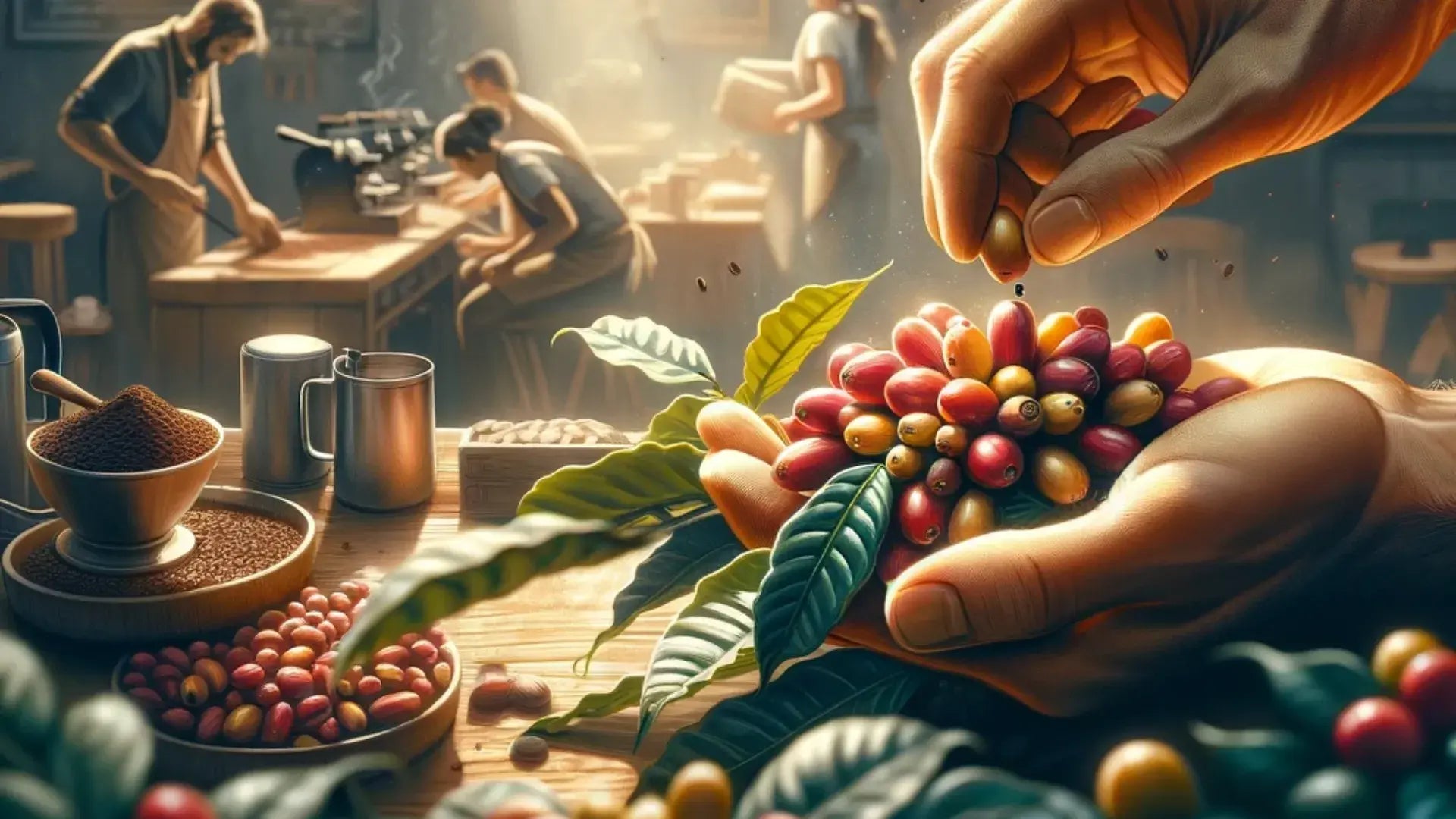 Mãos selecionando cerejas de café maduras com uma cena de torrefação ao fundo, destacando a artesania do café.