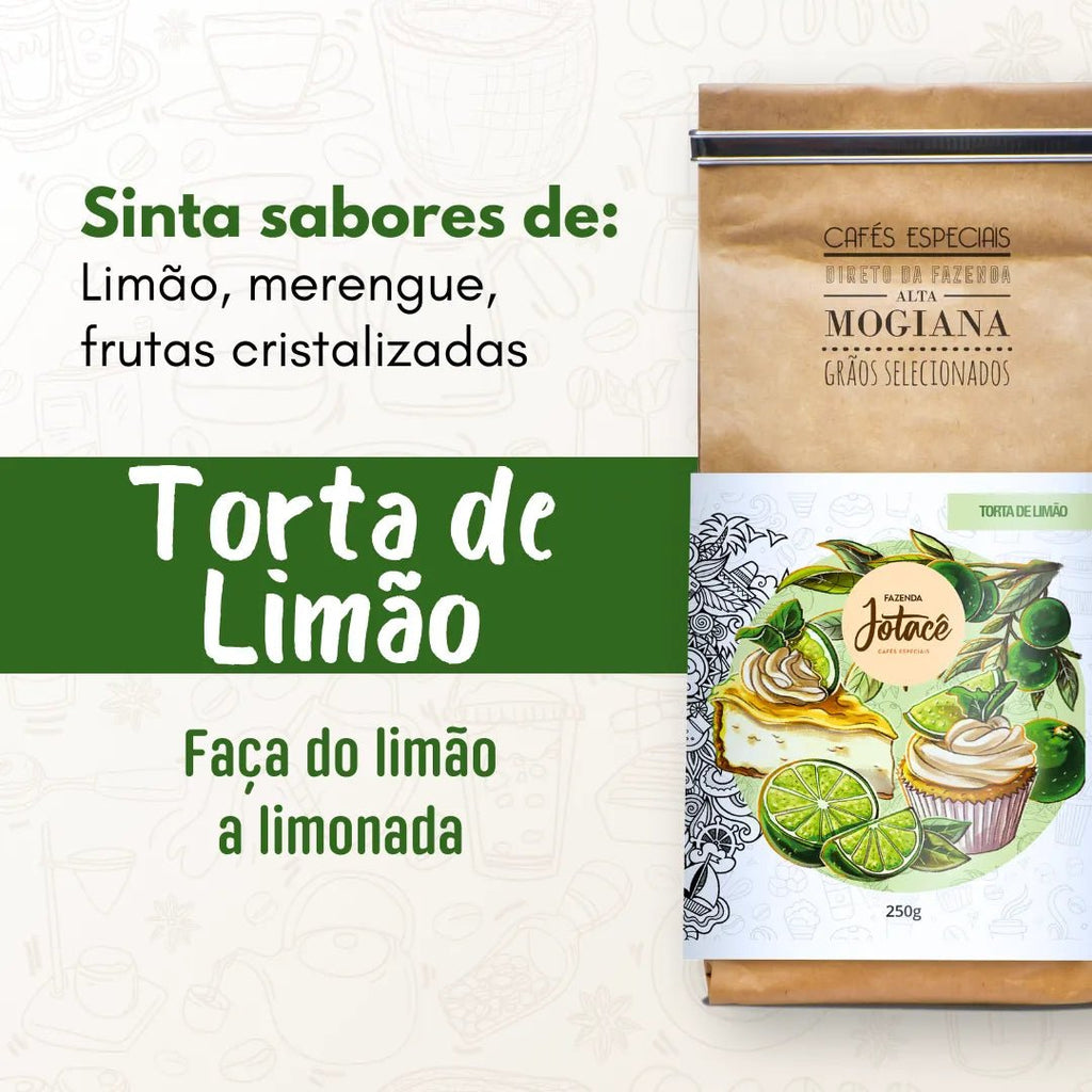 Embalagem do microlote Torta de Limão destacando sabores seus sabores de limão, merengue e frutas cristalizadas