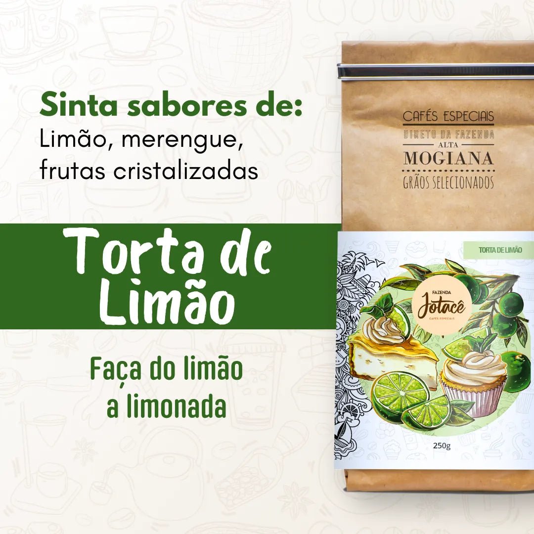 Embalagem do microlote Torta de Limão destacando sabores seus sabores de limão, merengue e frutas cristalizadas