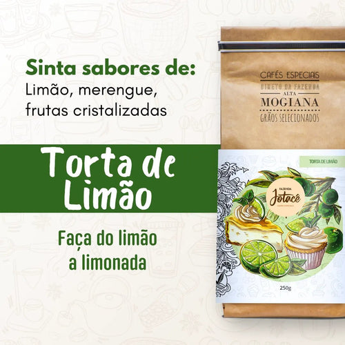 Embalagem do microlote Torta de Limão destacando sabores seus sabores de limão, merengue e frutas cristalizadas