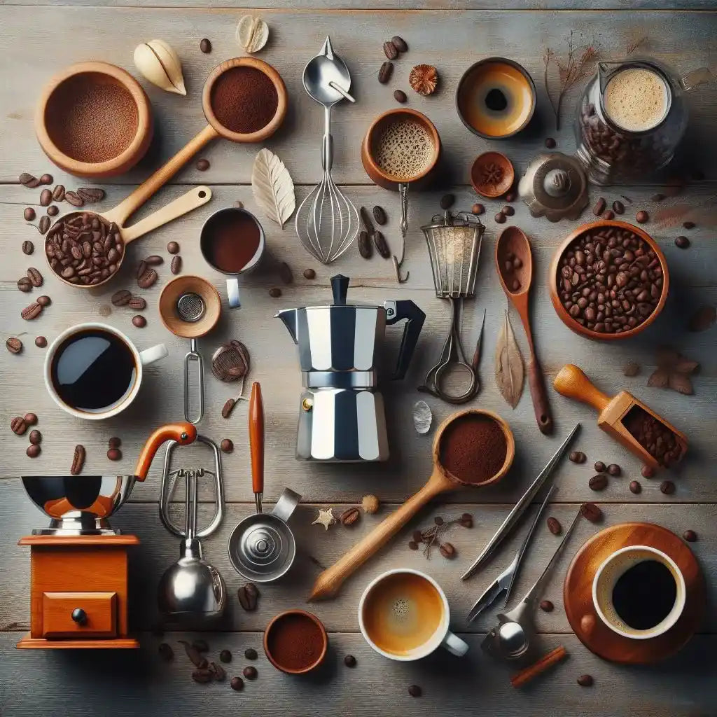 Variedade de utensílios e tipos de café dispostos artisticamente em uma superfície de madeira.