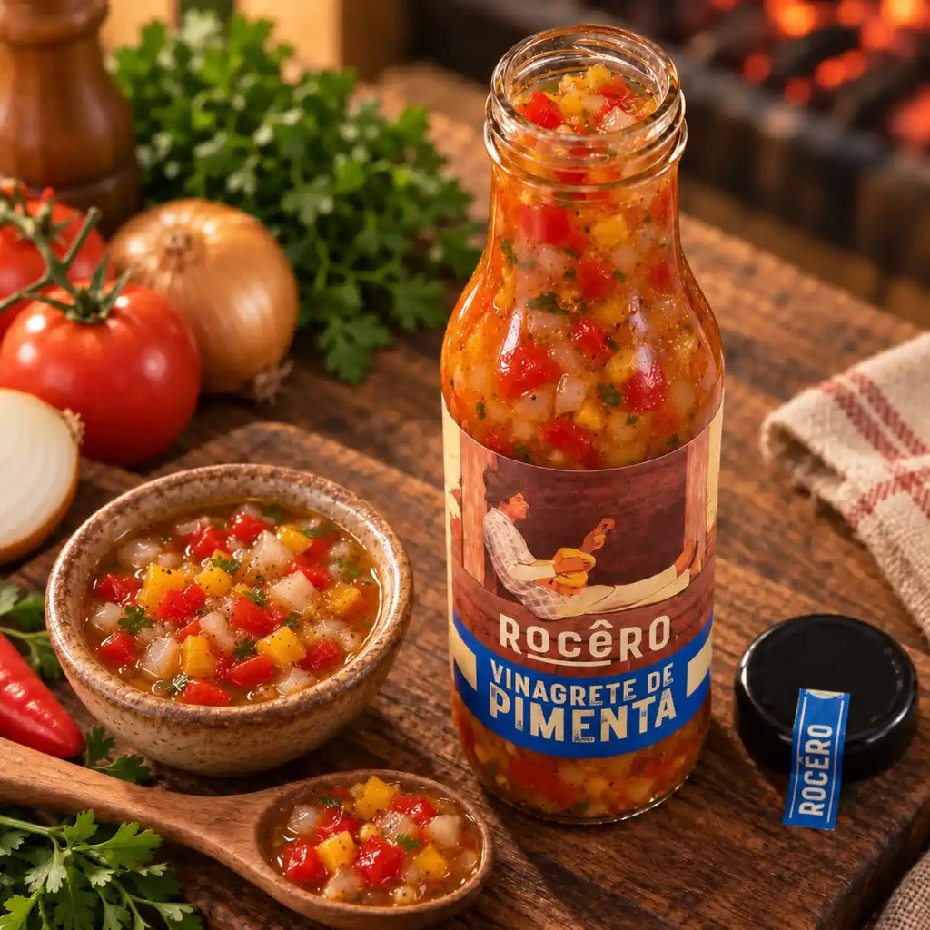 Garrafa aberta de Vinagrete de Pimenta Rocêro 330 g mostrando os pedaços de tomate, cebola e pimentão, ao lado de uma tigelinha e uma colher de madeira cheias do molho, sobre tábua rústica com legumes frescos e brasas ao fundo.