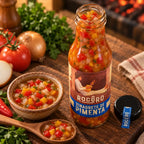 Garrafa aberta de Vinagrete de Pimenta Rocêro 330 g mostrando os pedaços de tomate, cebola e pimentão, ao lado de uma tigelinha e uma colher de madeira cheias do molho, sobre tábua rústica com legumes frescos e brasas ao fundo.