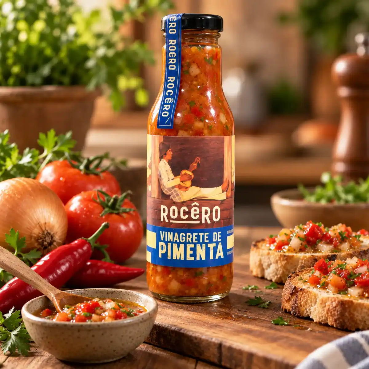Garrafa de Vinagrete de Pimenta Rocêro 330 g em pé numa mesa de madeira, com fatias de pão torrado cobertas com o vinagrete, uma tigelinha do molho, tomates, cebola e pimentas ao redor.