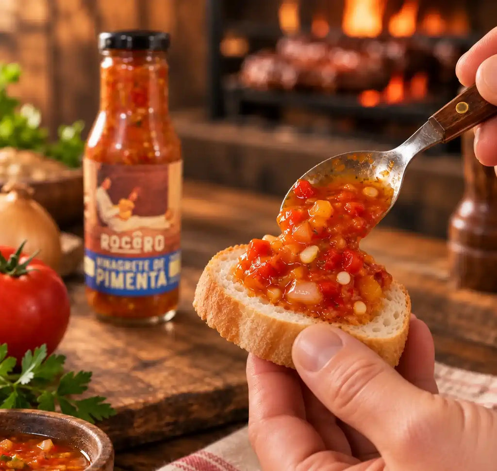 Colher servindo Vinagrete de Pimenta Rocêro sobre uma fatia de pão segurada na mão, com a garrafa do molho, tomate e salsinha ao lado e a churrasqueira acesa ao fundo.
