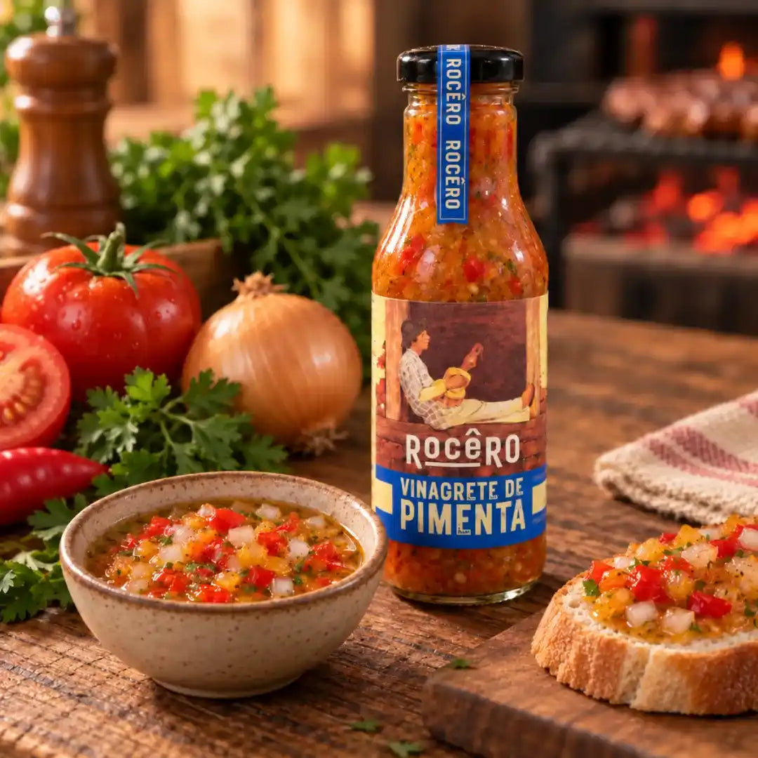 Garrafa de Vinagrete de Pimenta Rocêro 330 g com o rótulo de frente, ao lado de uma tigela do molho e uma torrada coberta com o vinagrete, sobre mesa rústica com tomates, cebola e lareira acesa ao fundo.