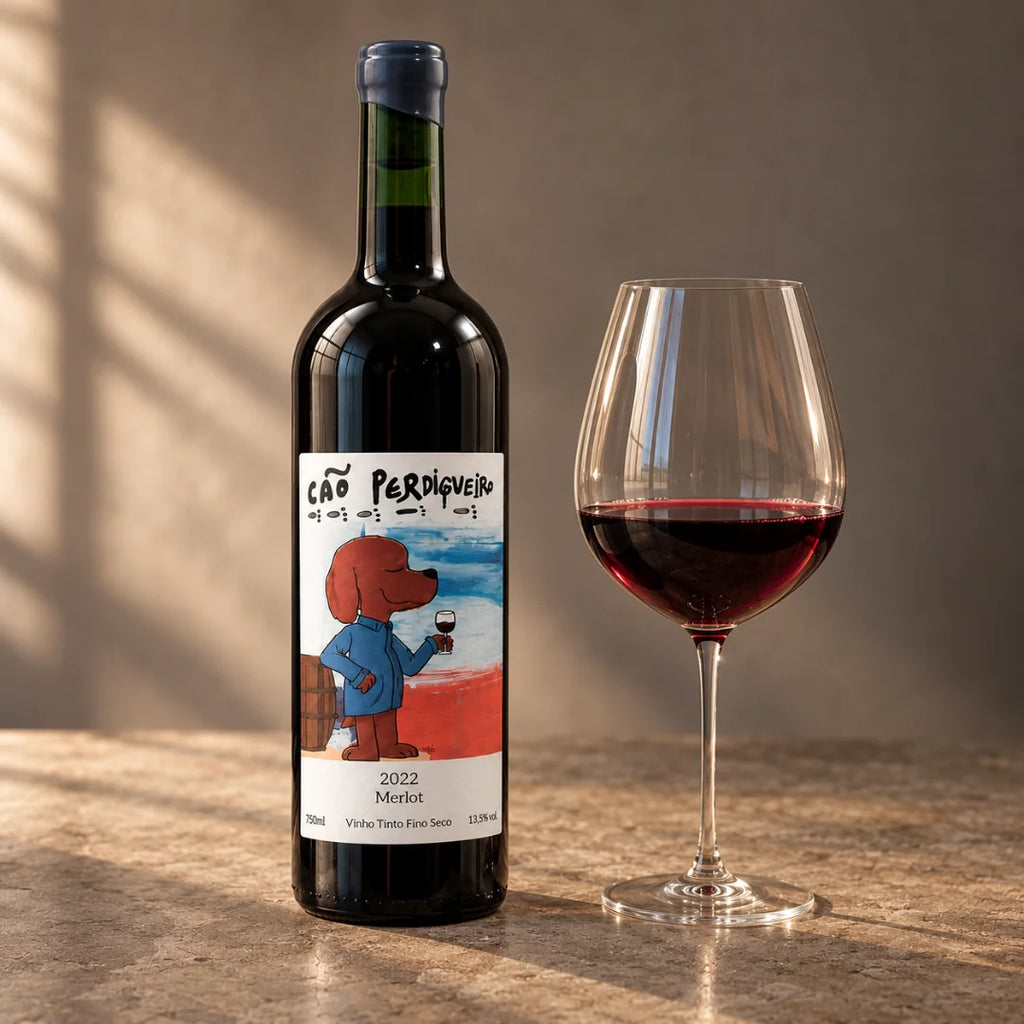 Vinho tinto merlot Cão Perdigueiro ao lado de uma taça servida, com luz de fim de tarde