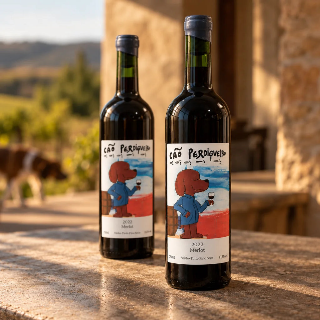 Duas garrafas de vinho merlot brasileiro Cão Perdigueiro 2022 sobre bancada de pedra