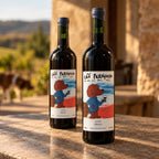 Duas garrafas de vinho merlot brasileiro Cão Perdigueiro 2022 sobre bancada de pedra