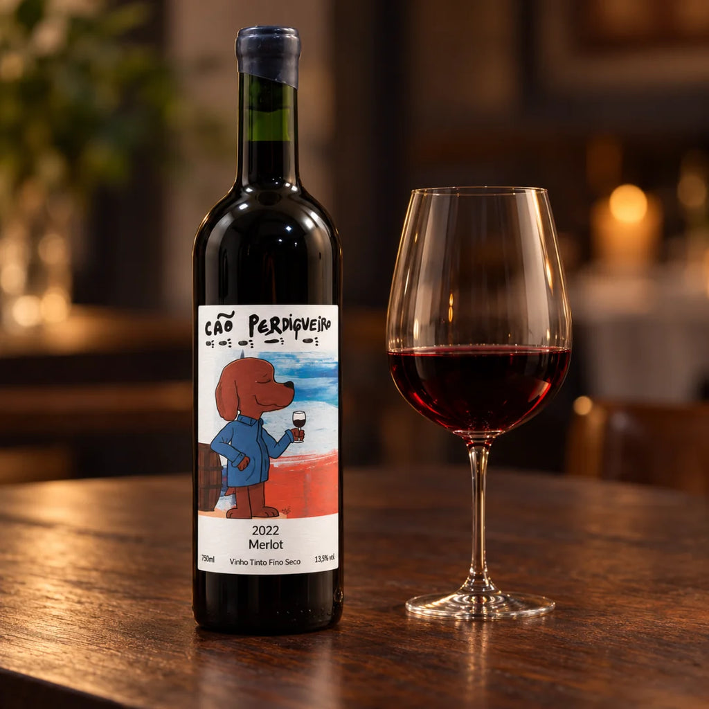 Garrafa de vinho merlot seco Cão Perdigueiro e taça sobre mesa de madeira, em ambiente à luz de velas