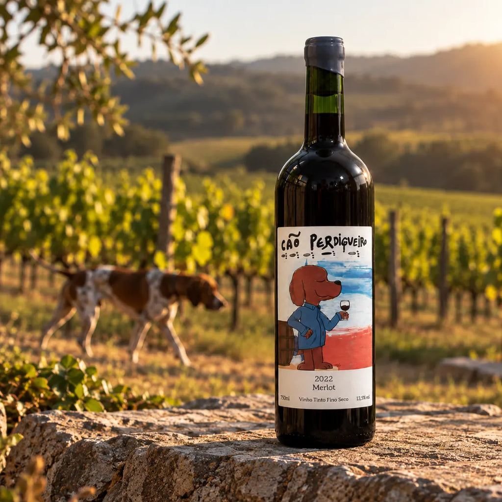 Vinho Cão Perdigueiro Merlot sobre muro de pedra no vinhedo, com um cão perdigueiro ao fundo