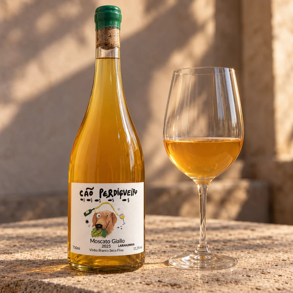 Moscato Giallo Laranjinha Cão Perdigueiro ao lado de uma taça de vinho cor de âmbar, com luz de fim de tarde