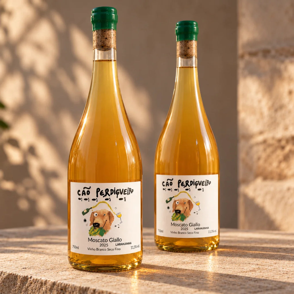 Duas garrafas de vinho laranja brasileiro Cão Perdigueiro Moscato Giallo 2025 sobre bancada de pedra