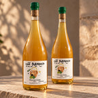 Duas garrafas de vinho laranja brasileiro Cão Perdigueiro Moscato Giallo 2025 sobre bancada de pedra