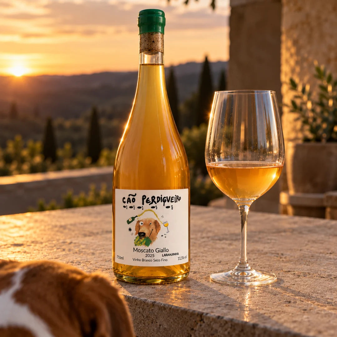 Vinho moscato seco Cão Perdigueiro Laranjinha e taça sobre mureta de pedra ao entardecer, com um cachorro em primeiro plano