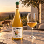 Orange wine Cão Perdigueiro Laranjinha e taça numa bancada de pedra ao pôr do sol, com um cachorro ao fundo