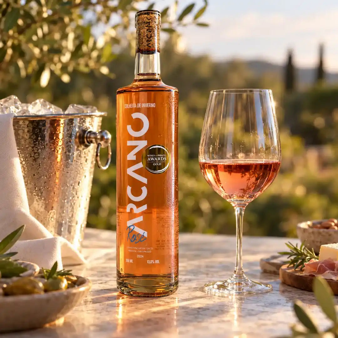 Vinho rosé Arcano ao lado de balde de gelo e taça servida, com azeitonas, queijo e presunto cru sobre mesa de pedra ao ar livre no fim de tarde.
