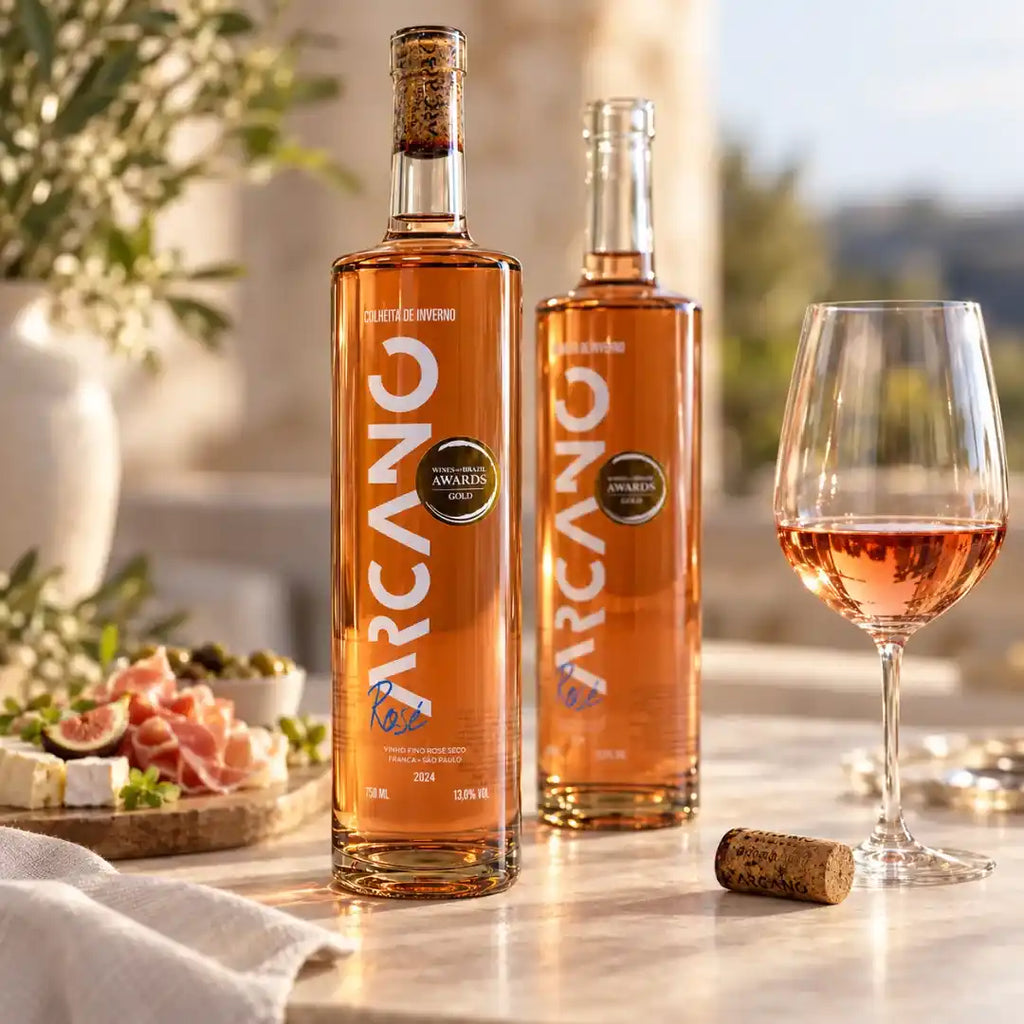 Duas garrafas de vinho rosé Arcano com taça servida, rolha sobre a mesa e tábua de presunto cru, figo, queijo e azeitonas em terraço ensolarado.