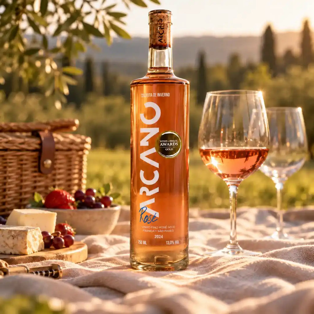 Arcano Rosé, vinho brasileiro premiado, em piquenique sobre manta clara, com cesta de vime, queijo, morangos, uvas e duas taças no campo ao entardecer.