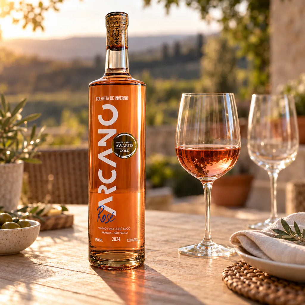 Vinho premiado Arcano Rosé em mesa de madeira de terraço, com taça de rosé, azeitonas e guardanapo de linho, com campo e pôr do sol ao fundo.