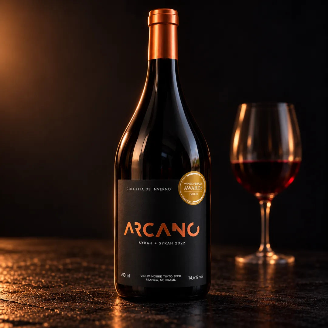 Garrafa de vinho brasileiro Arcano Syrah em fundo escuro com luz lateral acobreada e taça de vinho tinto ao fundo.