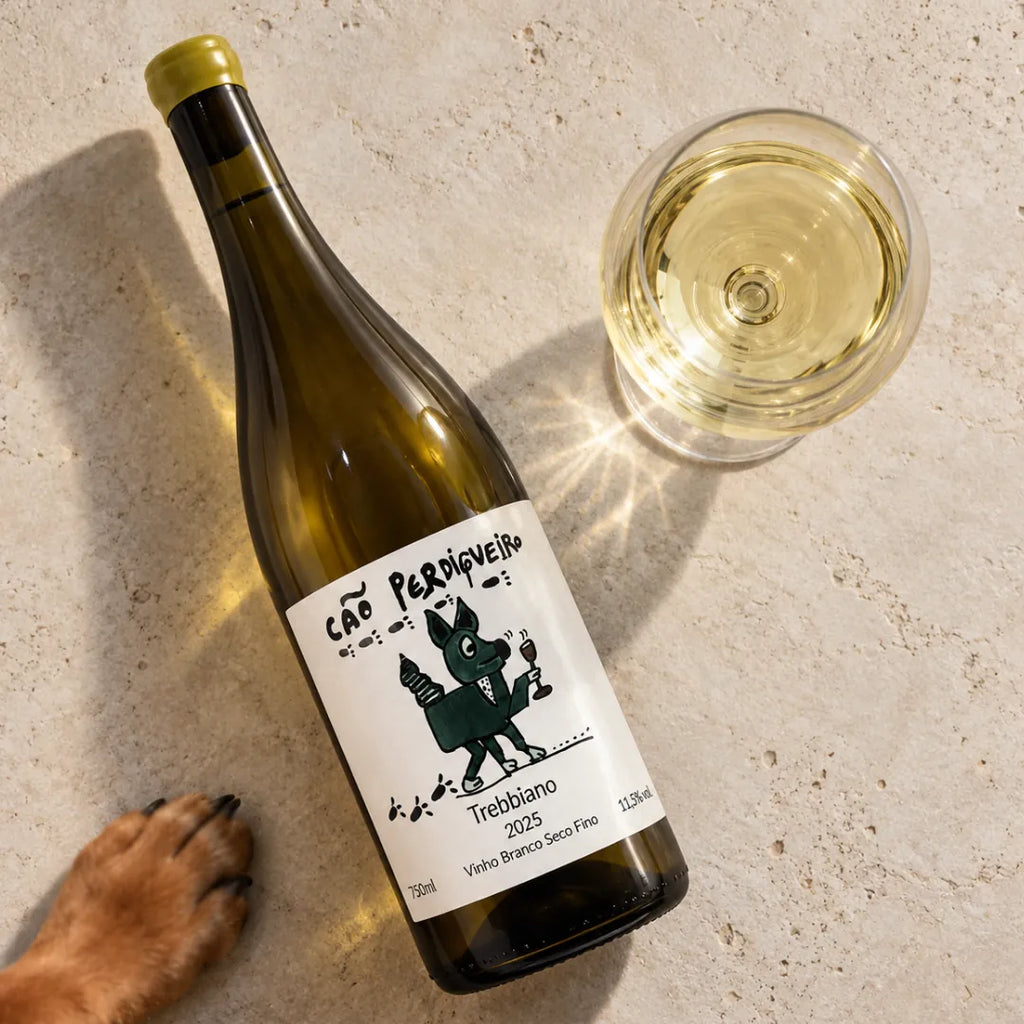 Vinho de uva trebbiano Cão Perdigueiro deitado ao lado de uma taça, visto de cima, com a pata de um cachorro