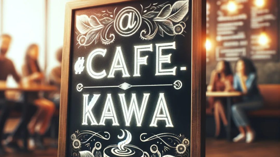 Quadro-negro artístico com o escrito '@Café_Kawa' diante de uma cafeteria com clientes ao fundo.