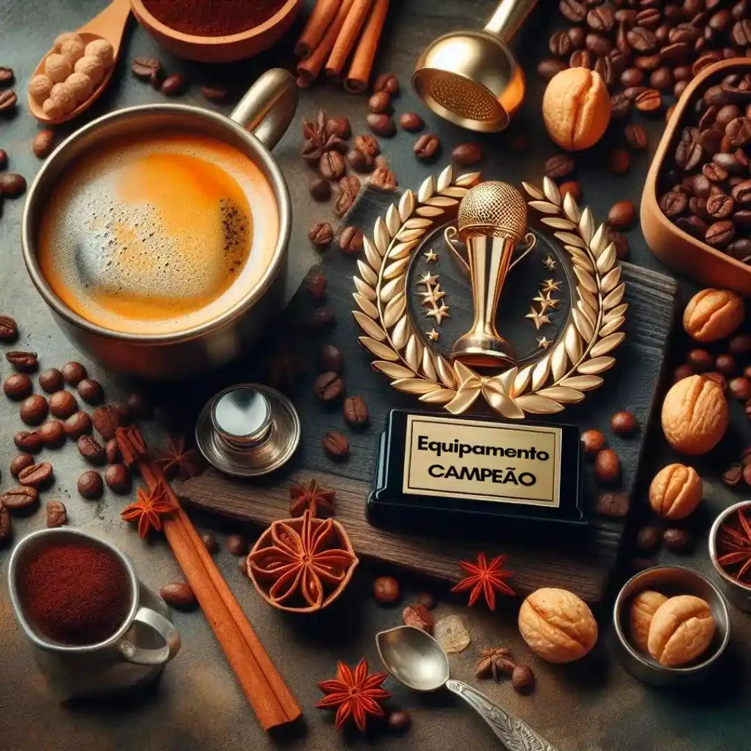 Arranjo de café com xícara, grãos e especiarias ao redor de um troféu que diz 'Equipamento Campeão'.