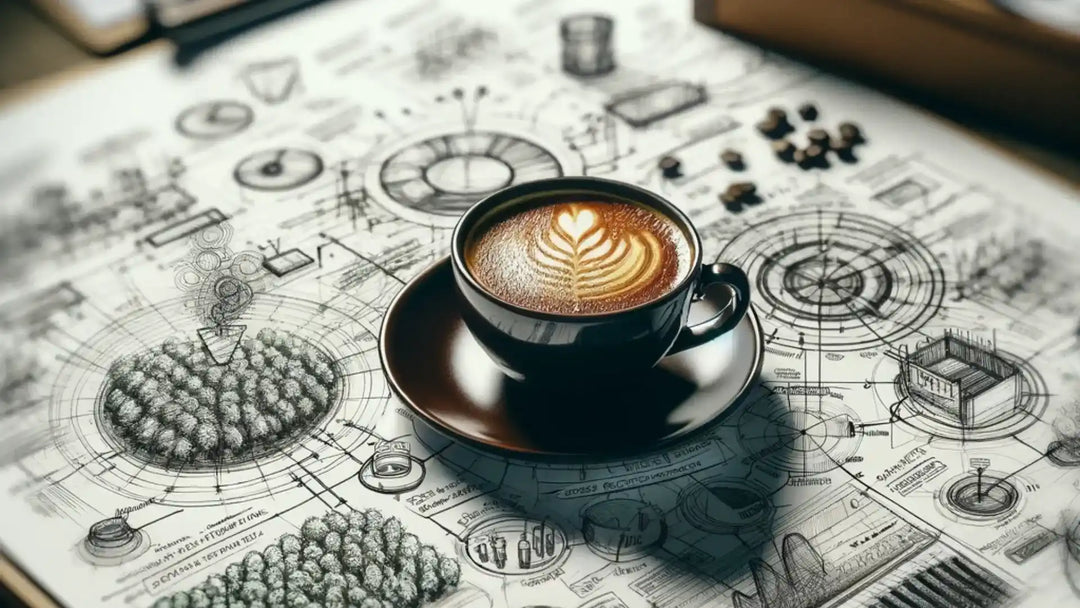 Xícara de cappuccino com latte art sobre projetos técnicos de engenharia do café.